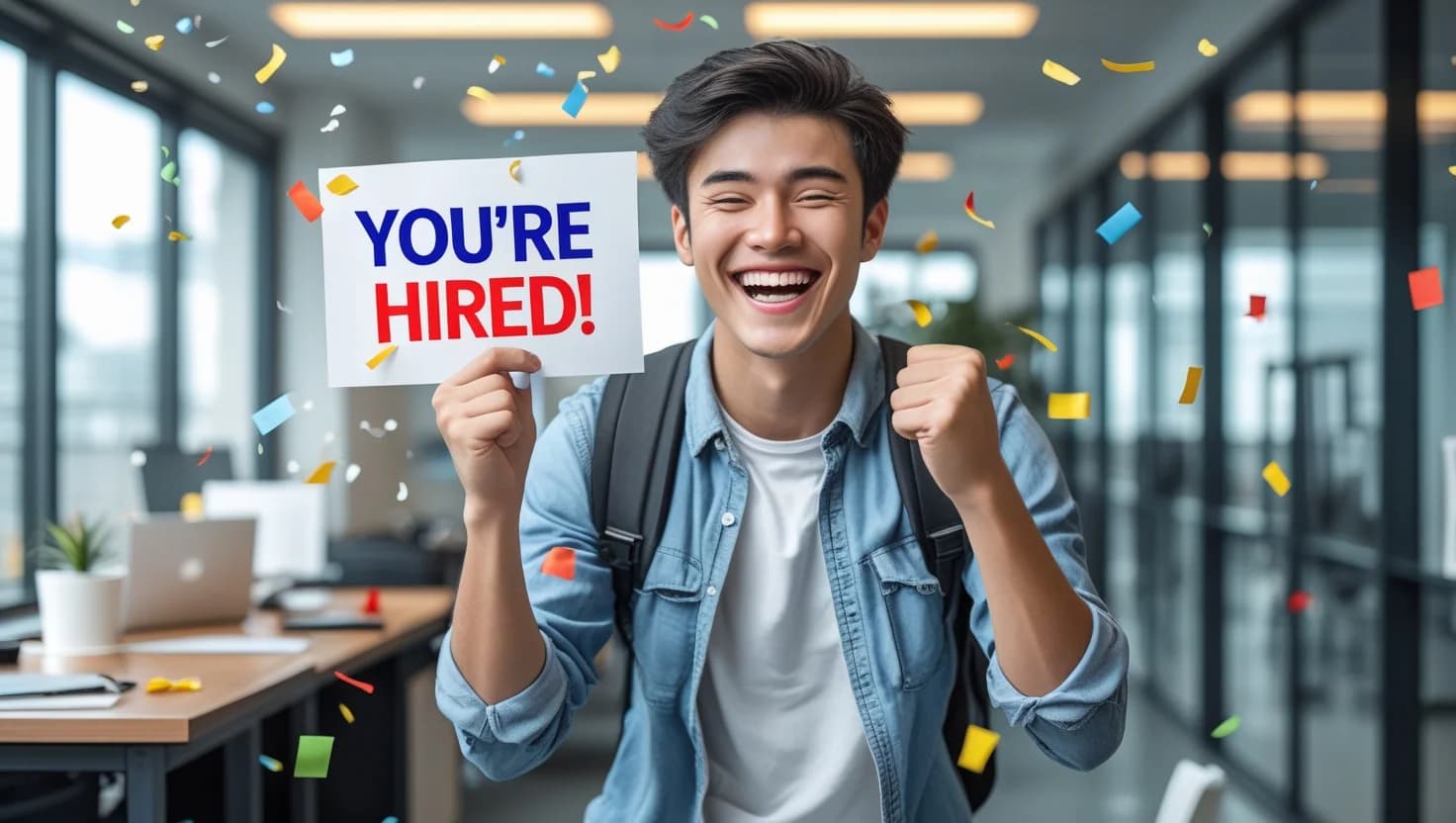 Excited student holding 'You're Hired!' sign with confetti